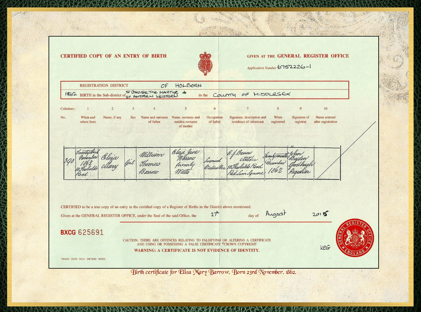 Daughter of William Thomas Barrow & Eliza Jane Watts